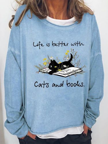 Cat Book Shirt For Women Life Is Better With Cats And Books Simple Sweatshirt - Modetalente - Modalova