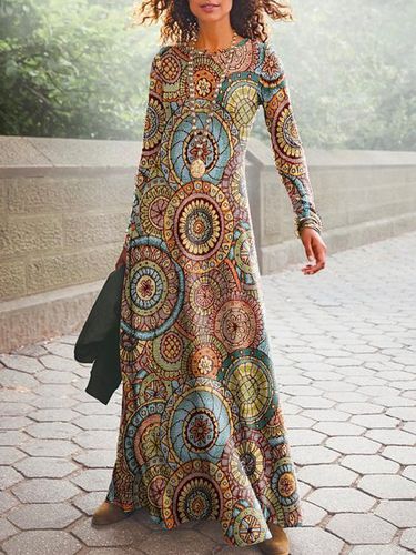 Ethnic Printed Long Sleeve Crew Neck Casual Dress - Modetalente - Modalova