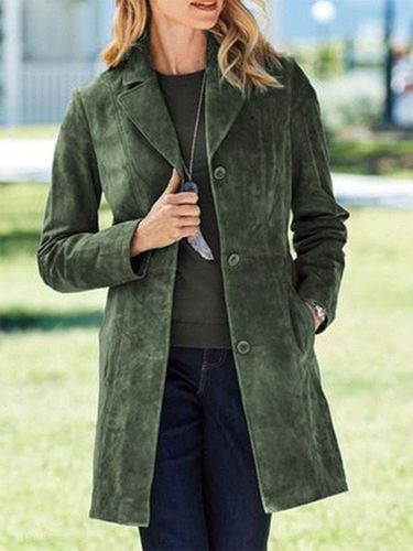 Plain Long Sleeve Buttoned Lapel Collar Pockets Casual Suede Coat - Modetalente - Modalova