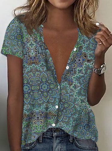 Casual Tribal Geometric Shirt Collar Loosen Blouse - Modetalente - Modalova