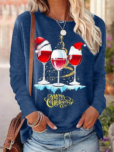 Women Wine Simple Christmas Crew Neck Top - Just Fashion Now - Modalova