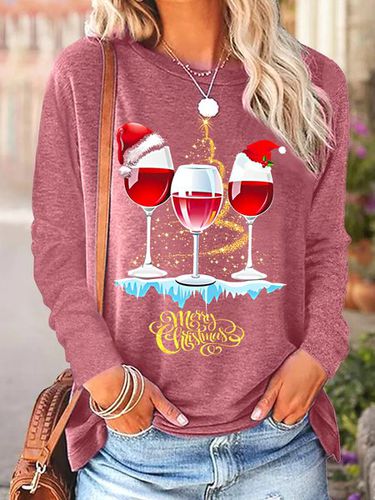 Women Wine Simple Christmas Crew Neck Top - Just Fashion Now - Modalova