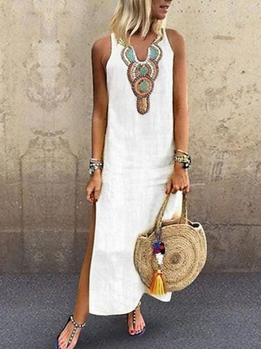 Loosen Vacation Linen Simple Ethnic V Neck Short sleeve Woven Dress - Just Fashion Now - Modalova