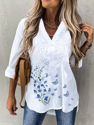 Butterfly Floral V Neck Elegant Long Sleeve T-shirt - Just Fashion Now - Modalova