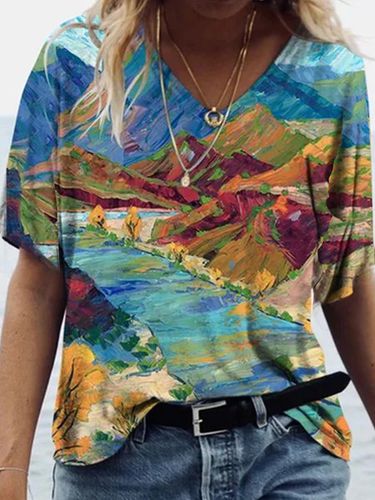 Vintage Art Classic V Neck Painted Vacation Short Sleeve T-Shirt - Just Fashion Now - Modalova