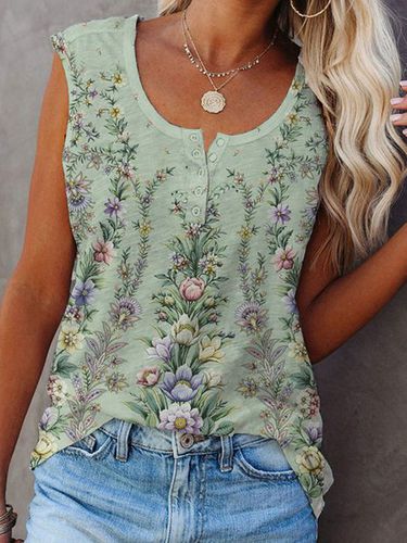 Buttoned Regular Fit Floral SleevelessT-Shirt - Just Fashion Now - Modalova