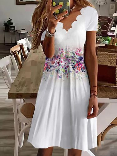 Vacation Floral V Neck Regular Fit Short Sleeve Knit Dress - Just Fashion Now - Modalova