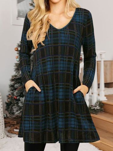 Christmas Check Print V-Neck Loose Dress - Just Fashion Now - Modalova