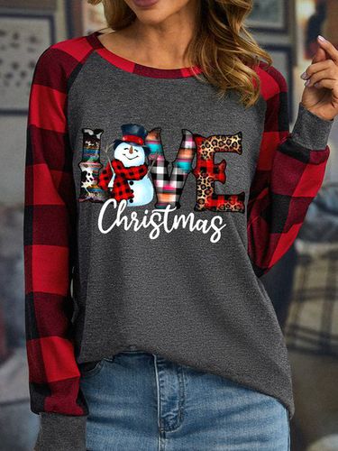 Women's Western Christmas Snowman Love Funny Buffalo Plaid Graphic Print Merry Christmas Loose Crew Neck Top - Just Fashion Now - Modalova