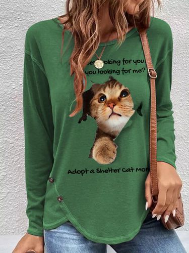 Casual Crew Neck Cat Regular Fit T-Shirt - Just Fashion Now - Modalova