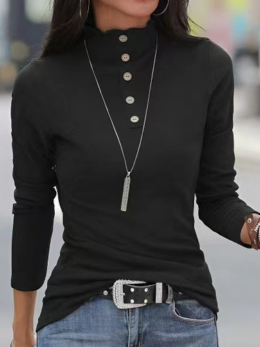 Casual Plain Half Turtleneck Buttoned T-Shirt - Just Fashion Now - Modalova