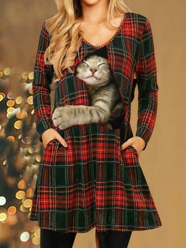 Christmas V Neck Cat Casual Dress - Just Fashion Now - Modalova