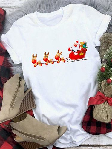 Casual Crew Neck Loose Christmas T-Shirt - Just Fashion Now - Modalova