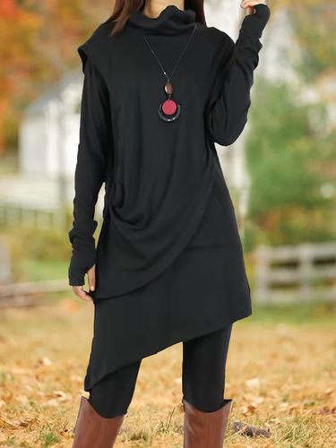 Long Sleeve Turtleneck Asymmetric Tunic Dress - Just Fashion Now - Modalova