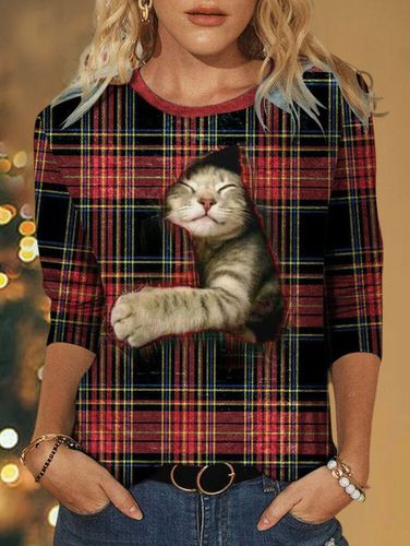 Christmas Plaid Cute Cat Crew Neck T-Shirt - Just Fashion Now - Modalova