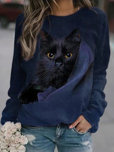 Cat Crew Neck Raglan Sleeve Casual Sweatshirt - Just Fashion Now - Modalova