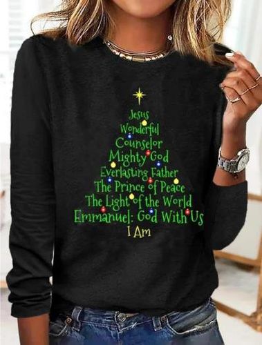 Women's T shirt Tee Black Christmas Tree Text Print Long Sleeve Christmas Crew Neck T-Shirt - Just Fashion Now - Modalova