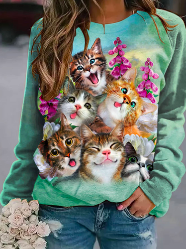 Casual Cat Crew Neck Loose Floral Sweatshirt - Just Fashion Now - Modalova
