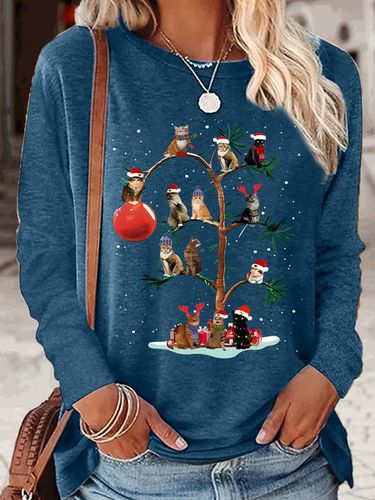 Women's Christmas Cat Tree Crew Neck Casual Top - Just Fashion Now - Modalova