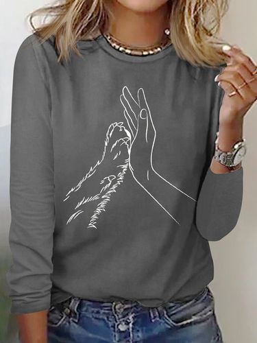 Women's Lover Dog Hand Simple Crew Neck Cotton-Blend Regular Fit Long Sleeve Top - Just Fashion Now - Modalova