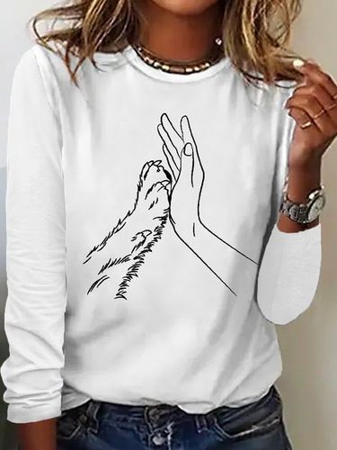Women's Lover Dog Hand Simple Crew Neck Cotton-Blend Regular Fit Long Sleeve Top - Modetalente - Modalova
