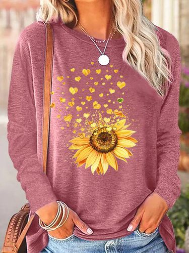 Women's Sunflower Heart Crew Neck Simple Regular Fit Long Sleeve Top - Modetalente - Modalova