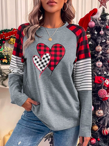 Valentine's Day Casual Crew Neck Loose Color Block T-Shirt - Just Fashion Now - Modalova