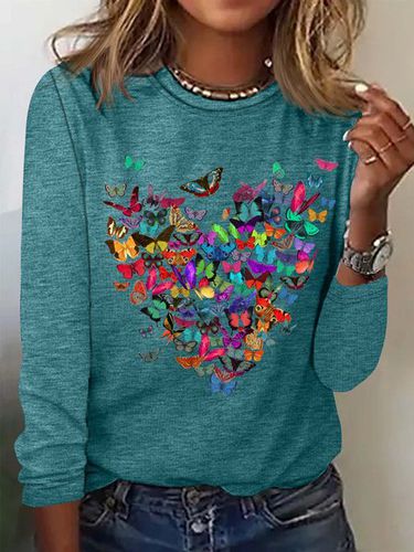 Women's Butterfly Heart Casual Crew Neck Top - Modetalente - Modalova