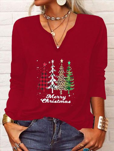 Casual Christmas Trees Long Sleeve V Neck Printed Top T-Shirt - Modetalente - Modalova