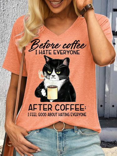 Women's Before Coffee I Hate Everyone After Coffee Black Cat Drink Letters Casual T-Shirt - Modetalente - Modalova