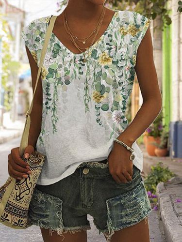 Floral Loose Casual V Neck Tank Top - Just Fashion Now - Modalova