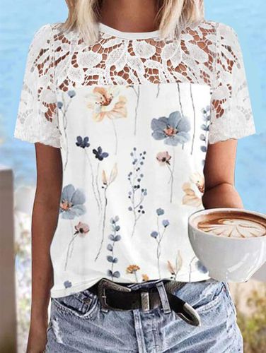 Crew Neck Lace Floral Casual Shirt - Modetalente - Modalova