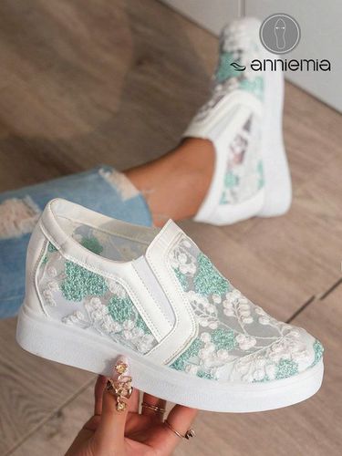 Mesh Embroidery Casual Paneled Slip-On Wedge Shoes - Just Fashion Now UK - Modalova
