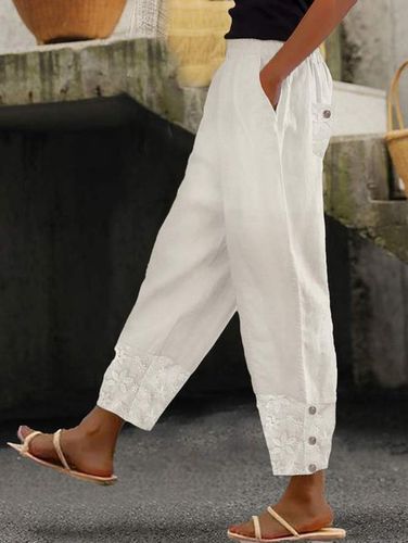 Plain Buttoned Cotton Linen Pants - Just Fashion Now - Modalova