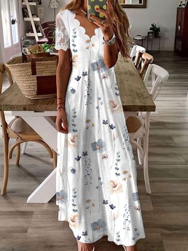 V Neck Floral Casual Lace Dress - Just Fashion Now - Modalova