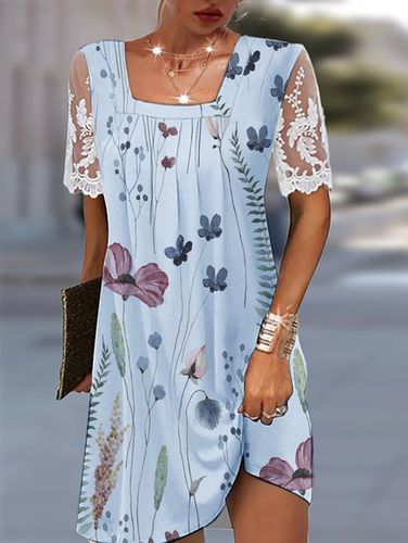 Square Neck Lace Casual Floral Loose Dress - Just Fashion Now - Modalova