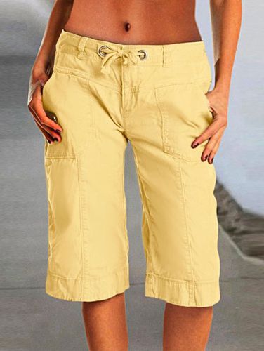 Plain Casual Cotton Eyelet Drawstring Waist Bermuda Shorts - Just Fashion Now - Modalova