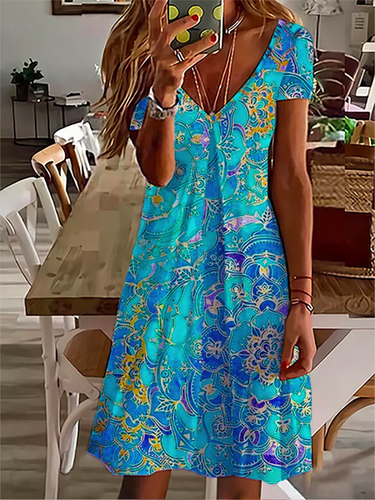 V Neck Casual Short Sleeve Printed Dress - Modetalente - Modalova