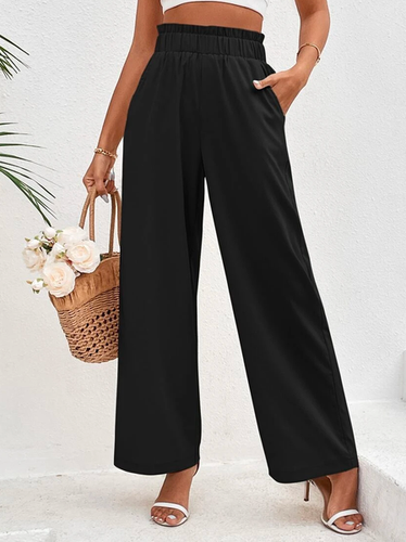 Cotton Casual Plain Paperbag Waist Wide Leg Pants - Just Fashion Now - Modalova