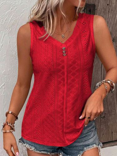 Loose V Neck Casual Buttoned Eyelet Embroidery Front Tank Top - Just Fashion Now - Modalova