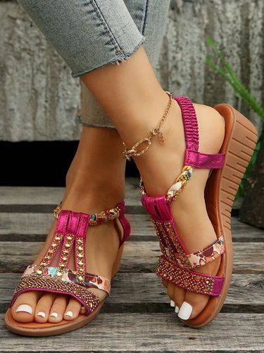 Women Rhinestone Floral Print Braided Ankle Strap Wedge Sandals - Just Fashion Now - Modalova