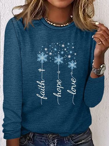 Women's Faith Hope Love Snowflakes Casual Crew Neck Shirt - Modetalente - Modalova