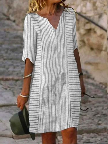 Striped Loose V Neck Casual Dress - Just Fashion Now - Modalova