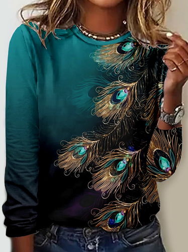 Women's Art Feather Casual Peacock Crew Neck Shirt - Modetalente - Modalova