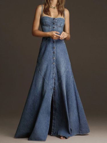 Vintage Plain Square Neck Button Denim Maxi Cami Dress - Modetalente - Modalova