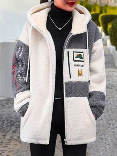 Color Block Long Sleeve Fluff/Granular Fleece Fabric Casual Hoodie Teddy Jacket - Modetalente - Modalova