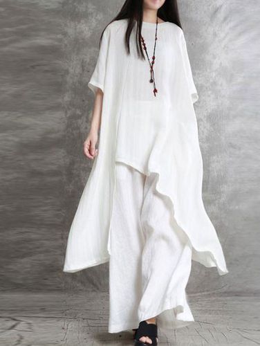 Minimalist Plain Half Sleeve Loose Asymmetrical Shirt & Pants 2Pcs Set - Just Fashion Now - Modalova