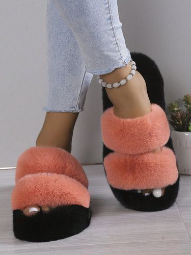 Casual Color Block Double Strap Fluffy Slippers - Just Fashion Now - Modalova