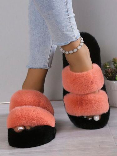 Casual Color Block Double Strap Fluffy Slippers - Just Fashion Now - Modalova