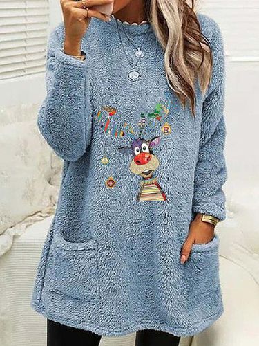 Fluff/Granular Fleece Fabric Crew Neck Casual Christmas Sweatshirt - Modetalente - Modalova